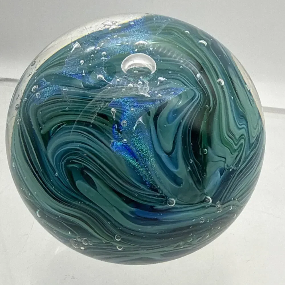 Signed Blue Green Swirl Art Glass Paperweight Control Bubbles Metallic Accents